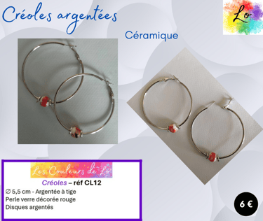 Créoles argentées 5,5 cm céramique décorée disques métal Les Couleurs de Lo