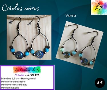 Créoles noires 2,5 cm verre à relief verre marbré bleu Les Couleurs de Lo