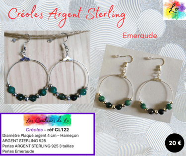 Créoles Argent Sterling 4 cm Emeraude Les Couleurs de Lo