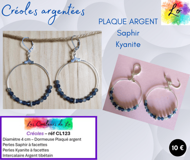 Créoles Argent Sterling 4 cm Saphir Kyanite Les Couleurs de Lo
