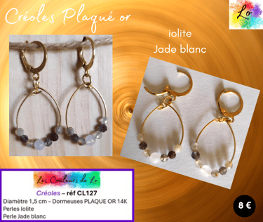 Créoles Plaqué or 1,5 cm Iolite Jade blanc Les Couleurs de Lo