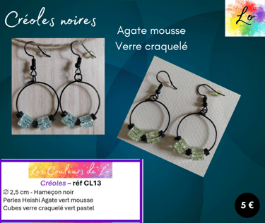 Créoles noires 2,5 cm verre craquelé vert Agate mousse Les Couleurs de Lo