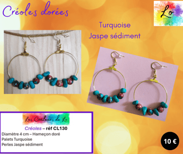 Créoles dorées 4 cm turquoise Jaspe sédiment Les Couleurs de Lo