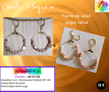 Créoles Plaqué or Jaspe veiné Pierre de soleil Les Couleurs de Lo