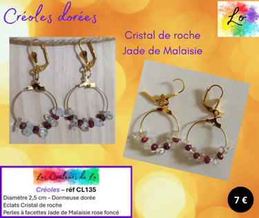 Créoles dorées 2,5 cm Cristal de roche Jade de Malaisie rose foncé Les Couleurs de Lo
