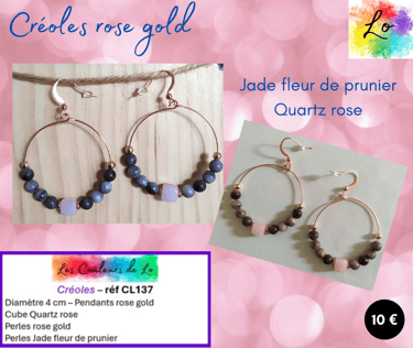 Créoles rose gold 4 cm Jade fleur de prunier Quartz rose Les Couleurs de Lo