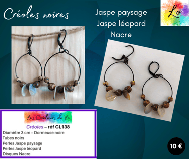 Créoles noires 3 cm Jaspe paysage Jaspe léopard Nacre Les Couleurs de Lo