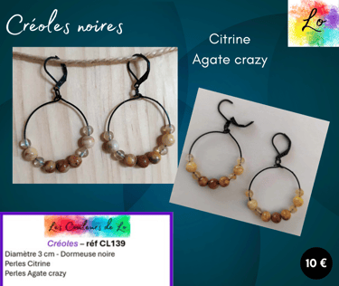 Créoles noires 3 cm Citrine Agate crazy Les Couleurs de Lo