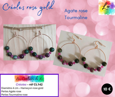 Créoles rose gold 4 cm Agate rose Tourmaline rose Les Couleurs de Lo
