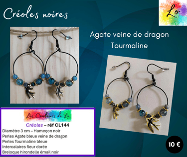 Créoles noires 3 cm Agate bleue Tourmaline bleue hirondelle émail noir Les Couleurs de Lo