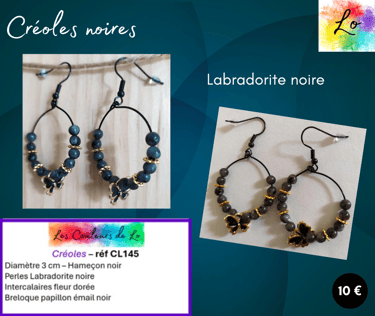 Créoles noires 3 cm Labradorite noire papillon émail noir Les Couleurs de Lo