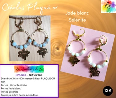 Créoles Plaqué or 3 cm Jade blanc Sélénite arbre de vie Les Couleurs de Lo