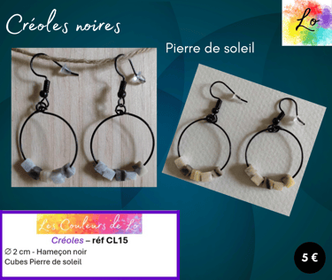 Créoles noires 2 cm Pierre de soleil Les Couleurs de Lo