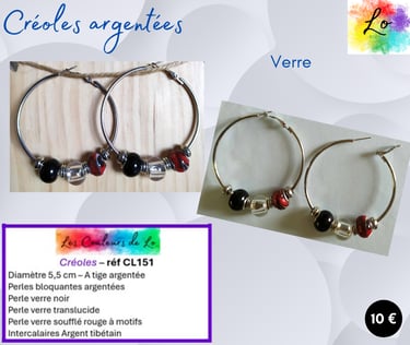 Créoles argentées 5,5 cm verre noir et translucide verre soufflé rouge à motifs Les Couleurs de Lo