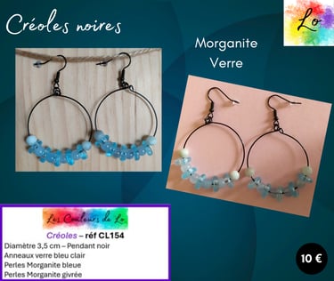 Créoles noires 3,5 cm Morganite verre bleu clair Les Couleurs de Lo