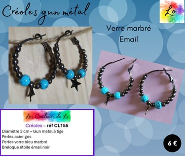 Créoles gun métal 3 cm verre marbré bleu étoile émail noir Les Couleurs de Lo