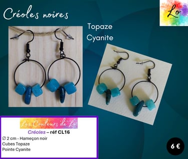 Créoles noires 2 cm Cyanite Topaze Les Couleurs de Lo