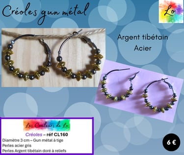 Créoles gun métal 3 cm Argent tibétain doré à reliefs Les Couleurs de Lo