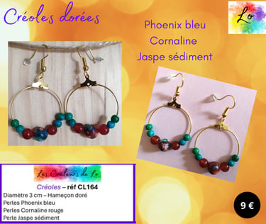 Créoles dorées 3 cm Phoenix bleu Cornaline Jaspe sédiment Les Couleurs de Lo