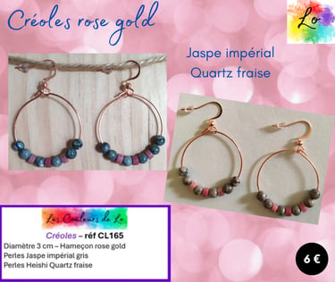 Créoles rose gold 3 cm Jaspe impérial gris Quartz fraise Les Couleurs de Lo