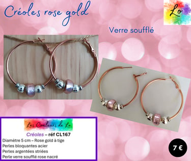 Créoles rose gold 5 cm acier strié verre soufflé rose nacré Les Couleurs de Lo