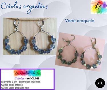 Créoles argentées 3 cm cubes acier cubes verre craquelé noir Les Couleurs de Lo