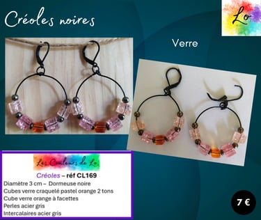 Créoles noires 3 cm verre orange acier gris Les Couleurs de Lo
