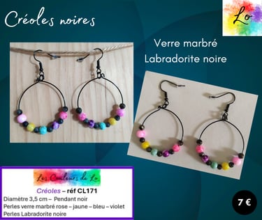 Créoles noires 3,5 cm verre marbré Labradorite noire Les Couleurs de Lo