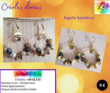Créoles dorées 3 cm Agate bambou disques martelés Les Couleurs de Lo