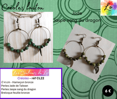Créoles laiton 4 cm Jade Jaspe sang du dragon Les Couleurs de Lo