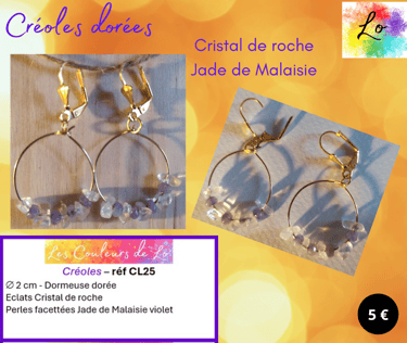Créoles dorées 2 cm Cristal de roche Jade de Malaisie violet Les Couleurs de Lo