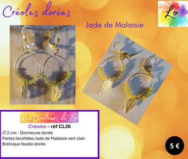 Créoles dorées 2 cm Jade de Malaisie vert clair feuille métal Les Couleurs de Lo