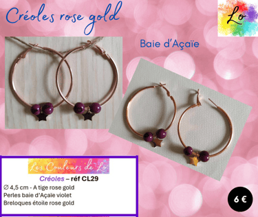 Créoles rose gold 4,5 cm Baies d'Açaïe étoile acier Les Couleurs de Lo