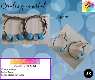 Créoles gun métal 3 cm Agate perles acier Les Couleurs de Lo