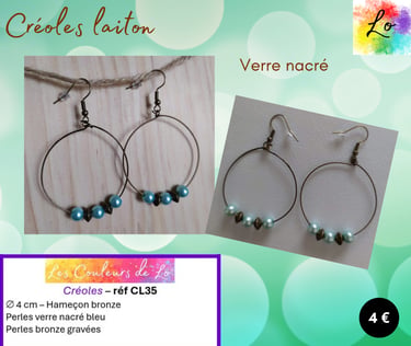 Créoles laiton 4 cm verre nacré bleu perles acier Les Couleurs de Lo
