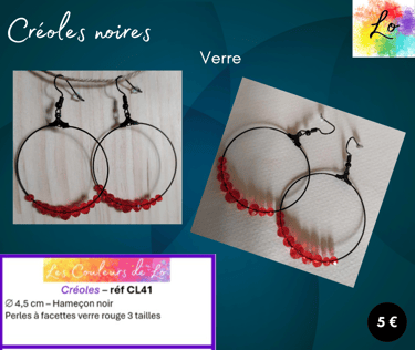 Créoles noires 4,5 cm verre rouge à facettes Les Couleurs de Lo