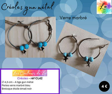 Créoles gun métal 4,5 cm verre marbré bleu étoile acier Les Couleurs de Lo