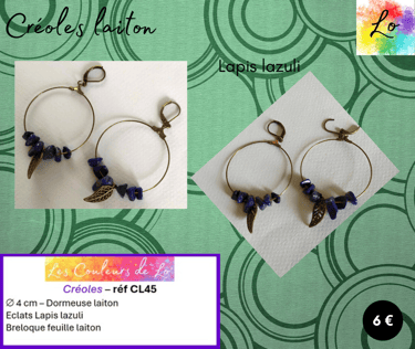 Créoles laiton 4 cm Lapis lazuli feuille métal Les Couleurs de Lo