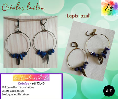 Créoles laiton 4 cm Lapis lazuli feuille métal Les Couleurs de Lo