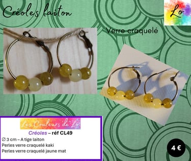 Créoles laiton 3 cm verre craquelé jaune-kaki Les Couleurs de Lo