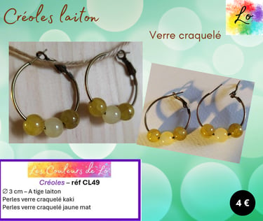Créoles laiton 3 cm verre craquelé jaune-kaki Les Couleurs de Lo