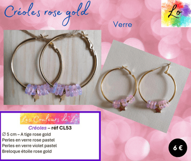 Créoles rose gold 5 cm verre rose violet étoile acier Les Couleurs de Lo