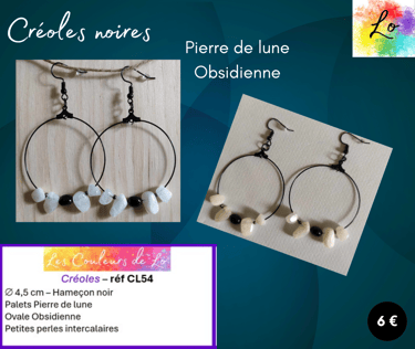 Créoles noires 4,5 cm Pierre de lune Obsidienne Les Couleurs de Lo