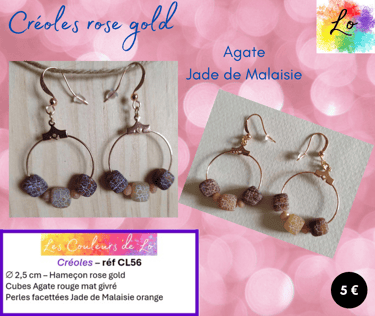 Créoles rose gold 2,5 cm Agate rouge mat givré Jade de Malaisie rouge Les Couleurs de Lo