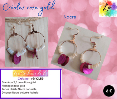 Créoles rose gold 2,5 cm disques Nacre fuchsia Nacre blanche Les Couleurs de Lo