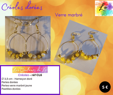 Créoles dorées 3,5 cm verre marbré jaune pastilles acier doré Les Couleurs de Lo