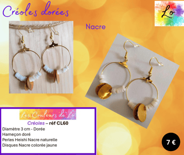 Créoles dorées 3 cm Nacre disques Nacre jaune Les Couleurs de Lo