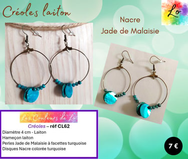 Créoles laiton 4 cm disques Nacre turquoise Jade de Malaisie turquoise Les Couleurs de Lo