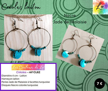 Créoles laiton 4 cm disques Nacre turquoise Jade de Malaisie turquoise Les Couleurs de Lo