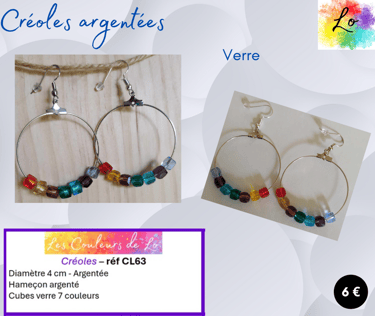 Créoles argentées 4 cm verre coloré 7 chakra Les Couleurs de Lo